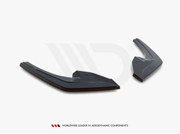 Two aerodynamic components are positioned on a white background. The components are sleek and dark gray. Below, text reads: "Worldwide leader in aerodynamic components."