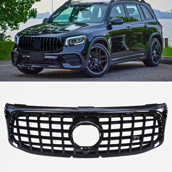 A black SUV is parked on a road near a body of water, surrounded by greenery. Below, there's a separate image of a black, grid-patterned car grille on a white background.