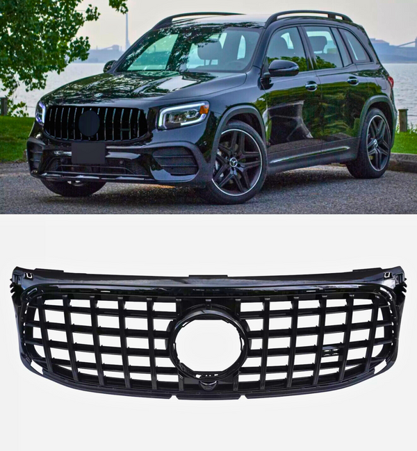 A black SUV is parked on a road near a body of water, surrounded by greenery. Below, there's a separate image of a black, grid-patterned car grille on a white background.