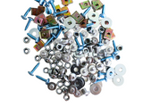 A pile of assorted hardware components, including screws, nuts, washers, and square metal plates, scattered randomly against a plain white background.