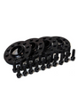 Black wheel spacers are arranged neatly, accompanied by multiple bolts aligned in front. The context is a plain white background. Some spacers display text: "S7-10-5885," "S90-160 4A."