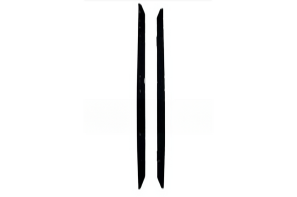 Two sleek, black vertical objects stand parallel with slight slant inwards, each featuring small notches and holes, set against a plain white background.