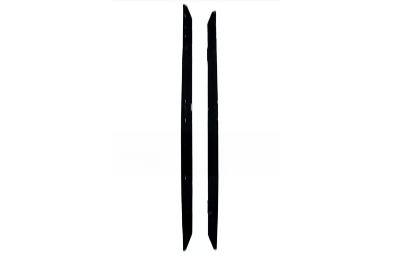 Two sleek, black vertical objects stand parallel with slight slant inwards, each featuring small notches and holes, set against a plain white background.