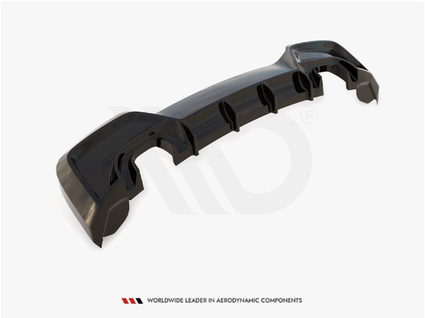 A black car diffuser with aerodynamic fins is displayed against a white background. Text below reads: "WORLDWIDE LEADER IN AERODYNAMIC COMPONENTS".