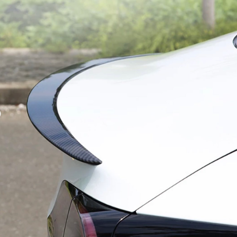 The car features a black carbon fiber rear spoiler, extending smoothly over the trunk, parked on a paved road with green shrubbery in the background.