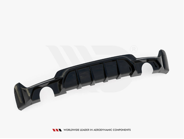 A glossy black car diffuser with a ribbed design lies against a white background. Text reads: "Worldwide Leader in Aerodynamic Components."