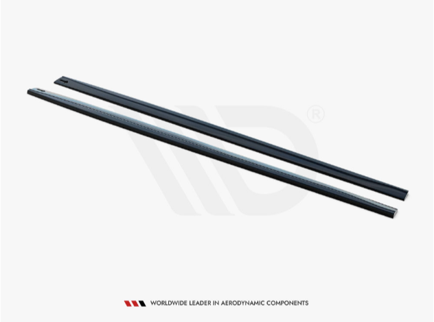 Two sleek, long black strips are placed parallel on a plain white background. Below, text reads: "WORLDWIDE LEADER IN AERODYNAMIC COMPONENTS."