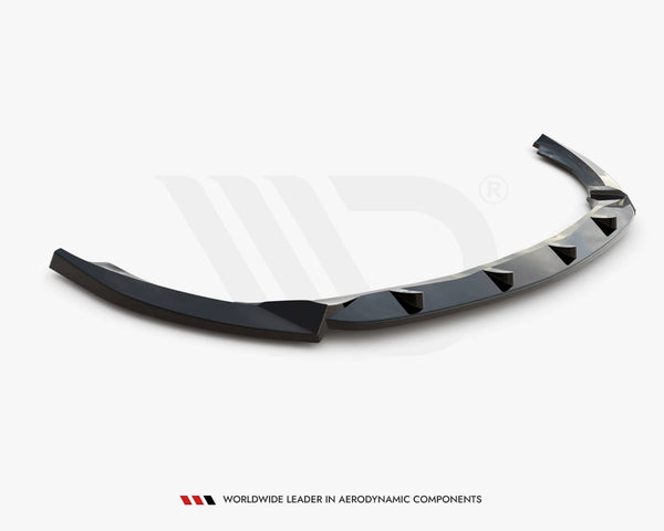 Glossy black car spoiler showcases aerodynamic design, featuring angular cutouts. Positioned on a plain white background. Text reads: "WORLDWIDE LEADER IN AERODYNAMIC COMPONENTS."