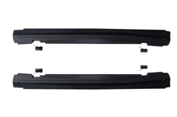 Two black, elongated car side skirts are placed horizontally, parallel to each other, against a white background. Small black brackets are positioned near them, indicating mounting components.