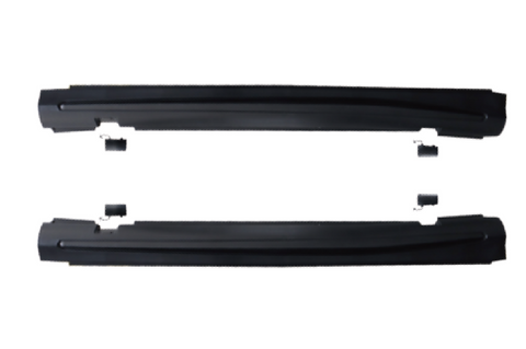 Two black, elongated car side skirts are placed horizontally, parallel to each other, against a white background. Small black brackets are positioned near them, indicating mounting components.