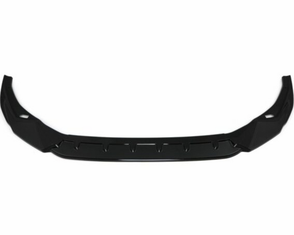 A black car front lip spoiler, featuring an angular, aerodynamic design, lies against a plain white background, emphasizing its sleek structure.