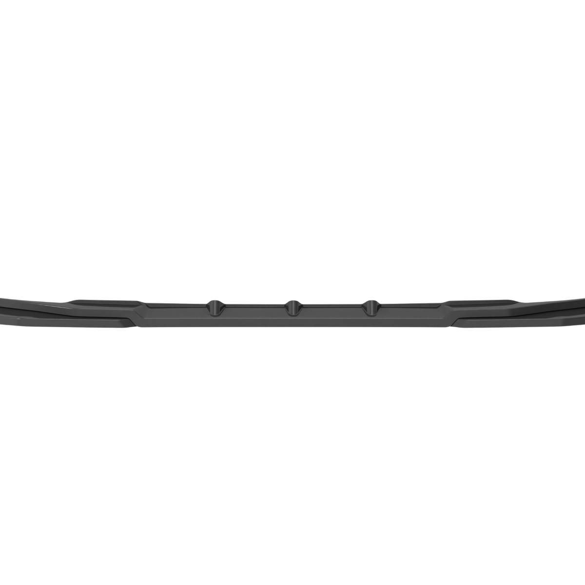 A long, sleek, black car bumper with angular design features and fastening points, presented against a plain white background.