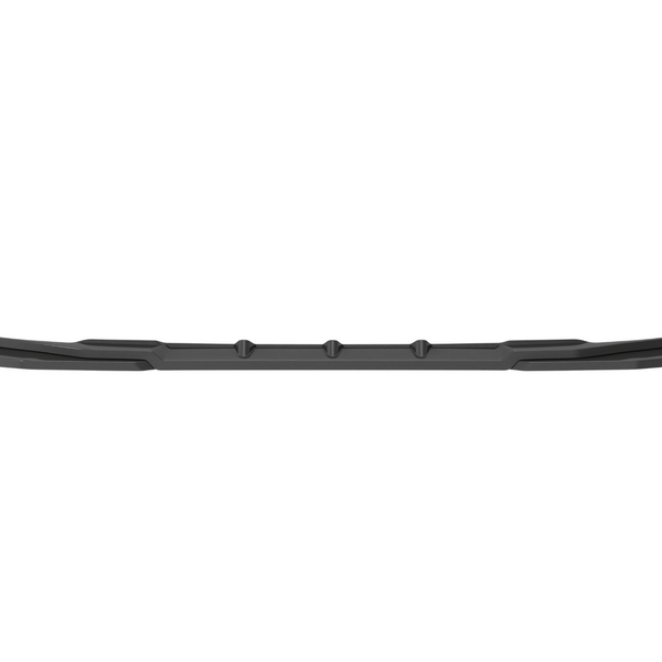 A long, sleek, black car bumper with angular design features and fastening points, presented against a plain white background.