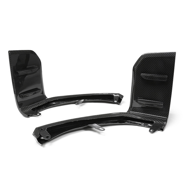Two black carbon fiber car components are displayed on a white background, featuring curved structures with flat sections, likely designed for aerodynamic purposes.
