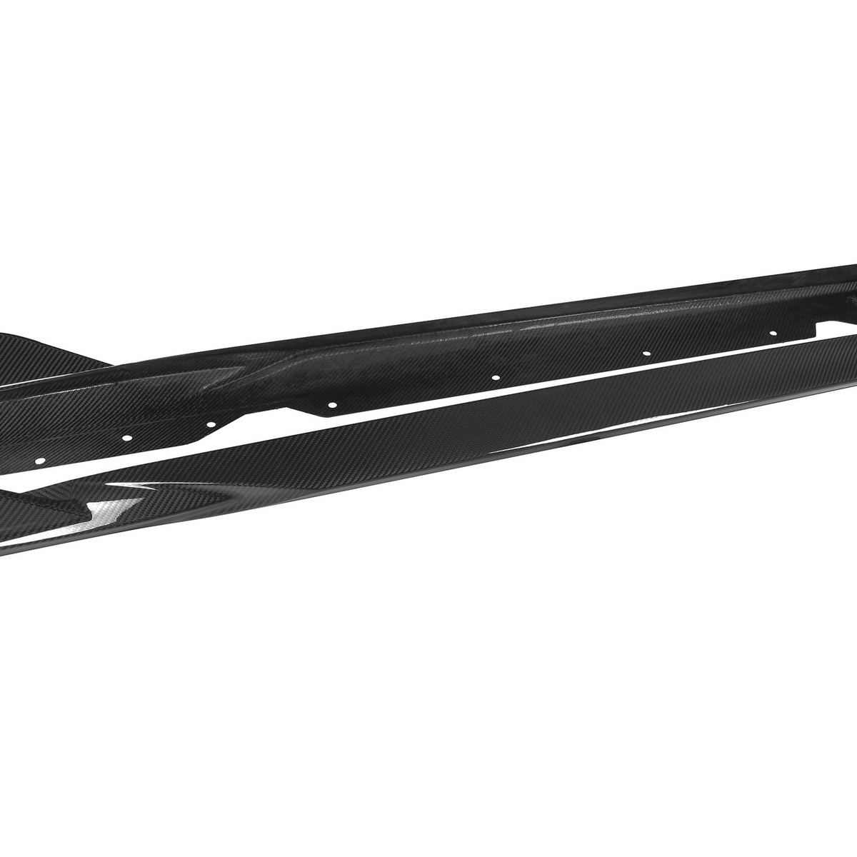 Two sleek black carbon fiber side skirts, labeled "SOOCOO," are displayed against a plain white background, emphasizing their angular design and aerodynamic shape.