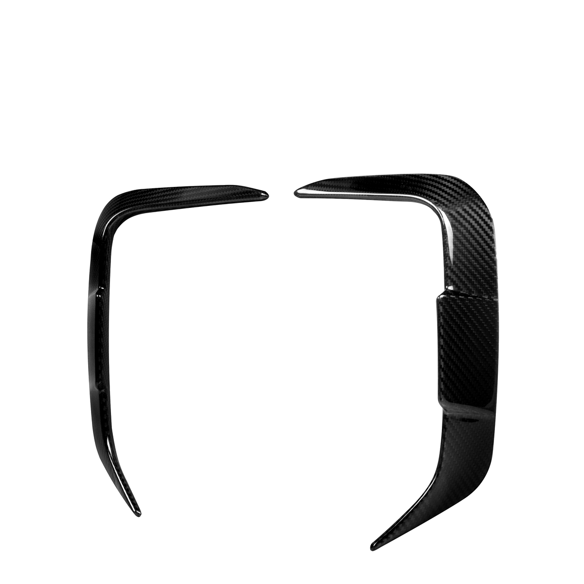 Two sleek black carbon fiber car trim pieces, facing each other symmetrically on a white background, likely designed for enhancing automotive aesthetics.