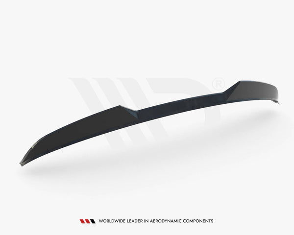 A sleek black aerodynamic spoiler, displayed on a white background, slightly curved with sharp edges. Text below reads: "WORLDWIDE LEADER IN AERODYNAMIC COMPONENTS".