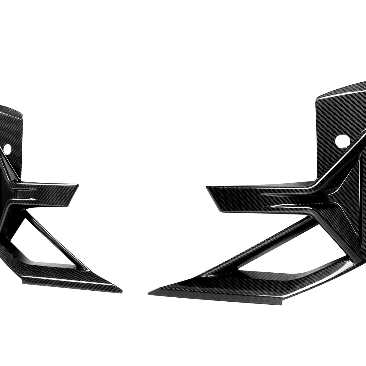Two sleek, carbon fiber car parts with angular designs face each other on a white background, featuring mounting holes and overlapping geometric lines for aerodynamics.