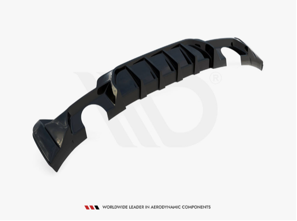A black car diffuser with a ribbed design is displayed on a white background. Text: "Worldwide Leader in Aerodynamic Components" is positioned below the diffuser.