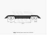 Rear bumper diffuser with two integrated exhaust outlets, each 10 cm in diameter. Central span measures 64 cm and end sections 28 cm each. Text: 