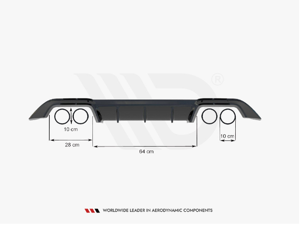 Rear bumper diffuser with two integrated exhaust outlets, each 10 cm in diameter. Central span measures 64 cm and end sections 28 cm each. Text: "WORLDWIDE LEADER IN AERODYNAMIC COMPONENTS."