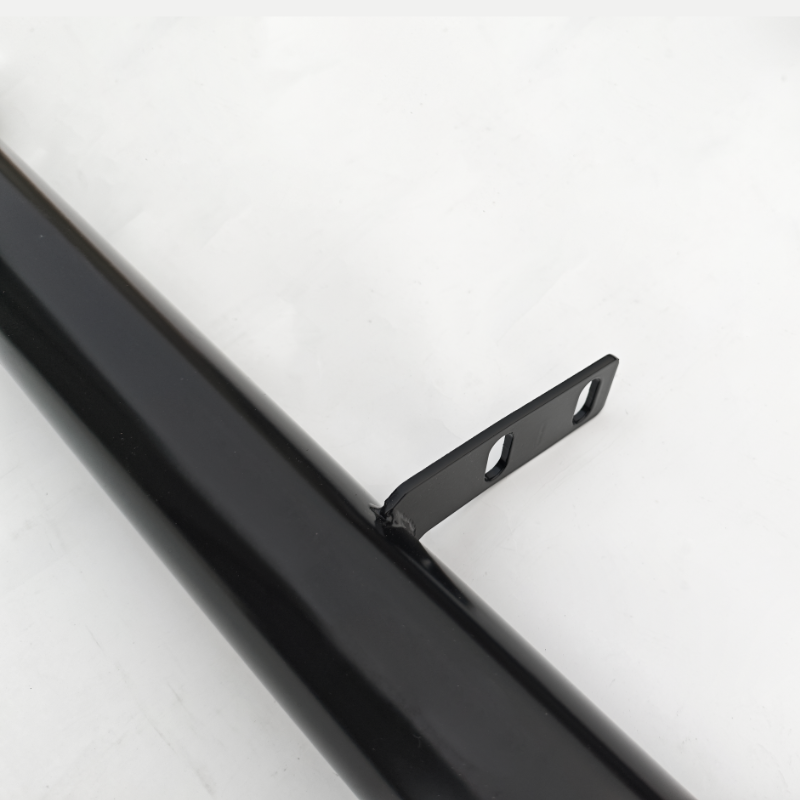 A black metal rod with a mounting bracket attached, featuring two holes for fastening. The object is positioned against a plain, light background.