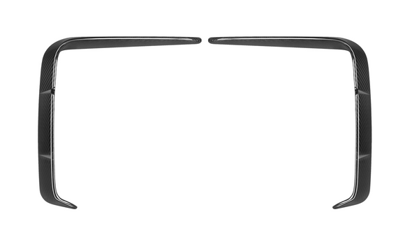 Two curved, black carbon fiber trim pieces face each other, with pointed ends curling inward, against a plain white background.
