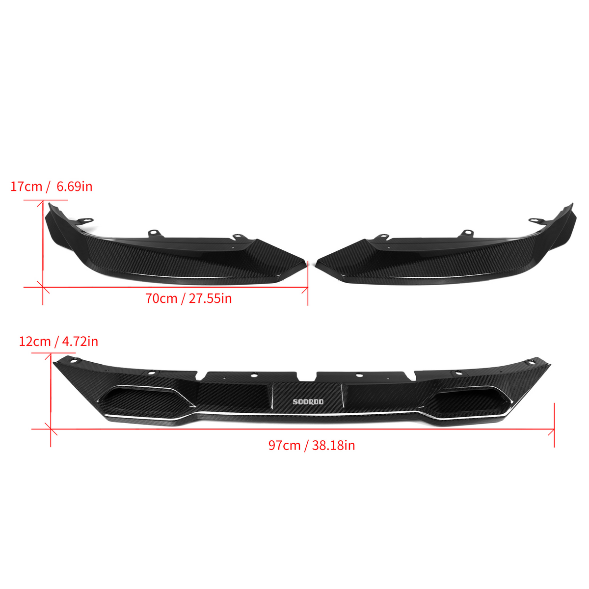 Carbon fiber car splitter parts are displayed with dimensions labeled: 17cm/6.69in and 70cm/27.55in for side pieces; 12cm/4.72in and 97cm/38.18in for the center piece. "SODRDO" text on the center part.