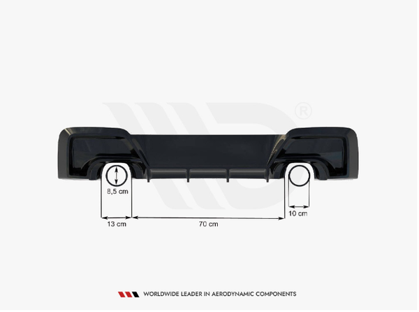 A black aerodynamic car component is measured with dimensions labeled: height 8.5 cm, width 70 cm, side sections 13 cm and 10 cm wide. Text reads, "WORLDWIDE LEADER IN AERODYNAMIC COMPONENTS."