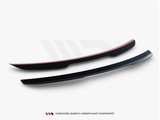 Two black aerodynamic car components with red accents rest parallel on a white background. Below them, text reads: 