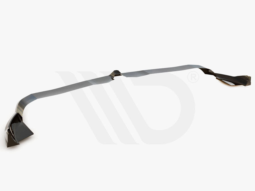 A dark, elongated car spoiler rests on a plain white background. It features angular end sections. Text reads: "WORLDWIDE LEADER IN AERODYNAMIC COMPONENTS" below the spoiler.