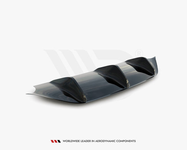 A sleek, dark aerodynamic car diffuser featuring three fins, positioned on a white background. Below it, text reads: “WORLDWIDE LEADER IN AERODYNAMIC COMPONENTS.”