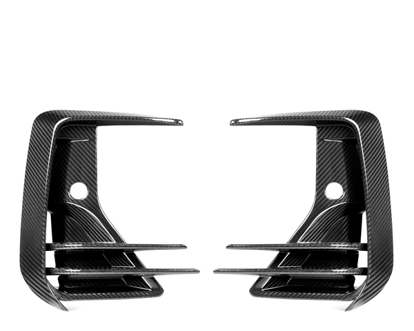 Two carbon fiber air vents, mirror each other, featuring three horizontal slats and a rounded hole in the center against a white background.