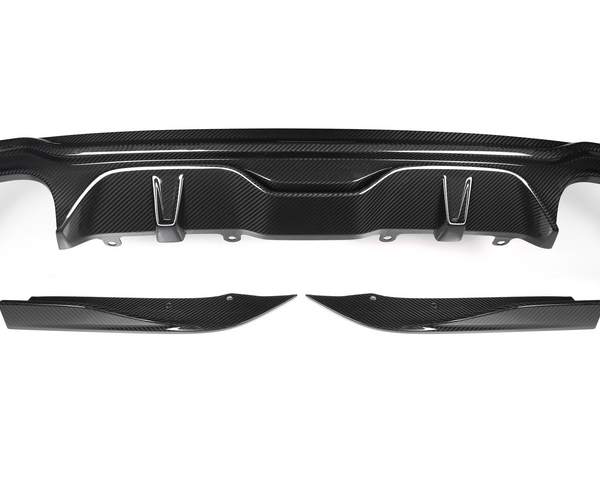 A black carbon fiber car bumper diffuser set rests on a white background, featuring aerodynamic contours and mounting points, showcasing its lightweight and sporty design.