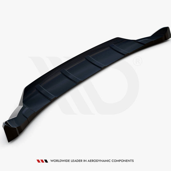 A black aerodynamic car spoiler, features grooves and angular ends, rests on a plain white background. Text below reads: "Worldwide Leader in Aerodynamic Components."