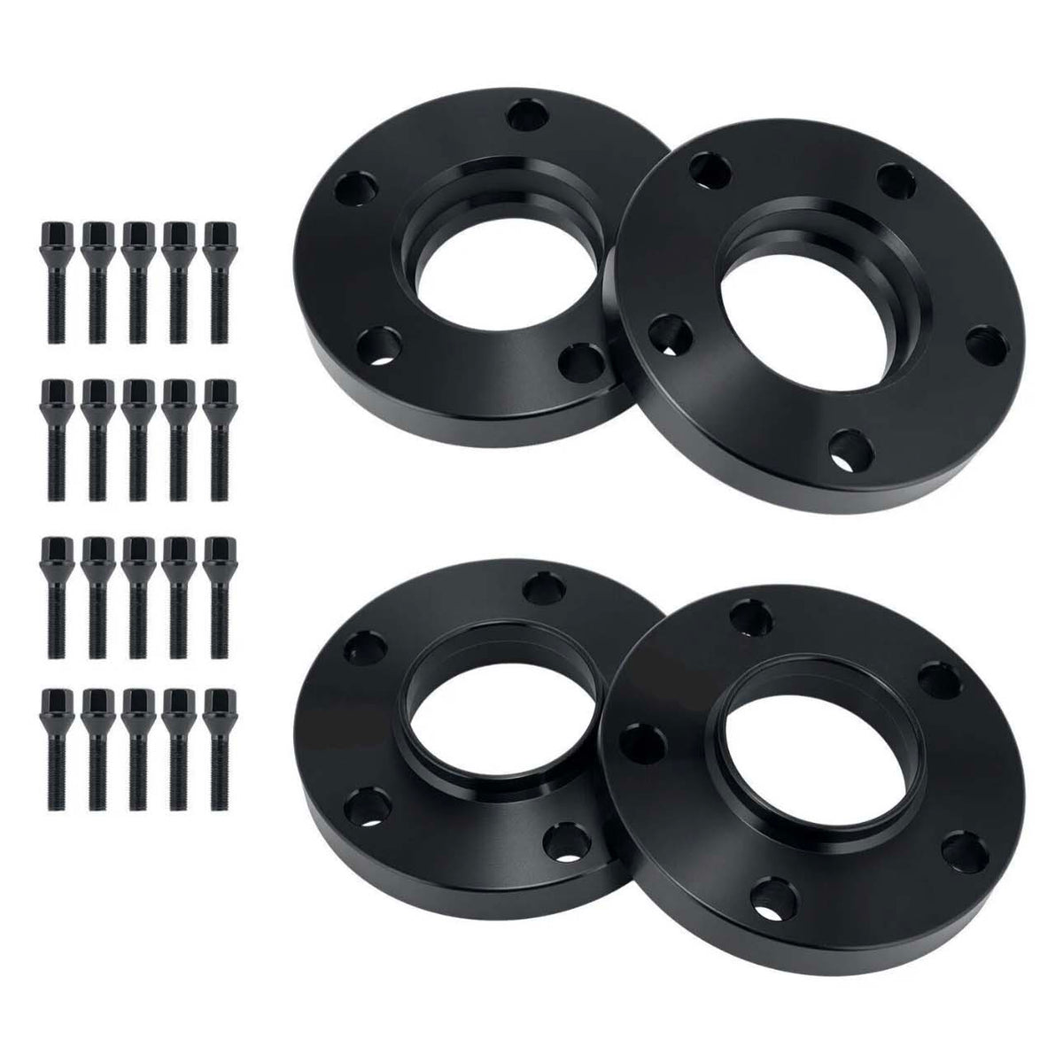 Four black circular metal spacers with holes alongside sixteen matching bolts, arranged on a plain white background, likely for automotive wheel fitting or adjustment.