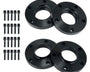 Four black circular metal spacers with holes alongside sixteen matching bolts, arranged on a plain white background, likely for automotive wheel fitting or adjustment.