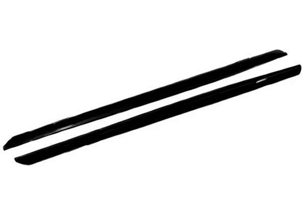 Two black chopsticks are placed parallel to each other on a plain white background.