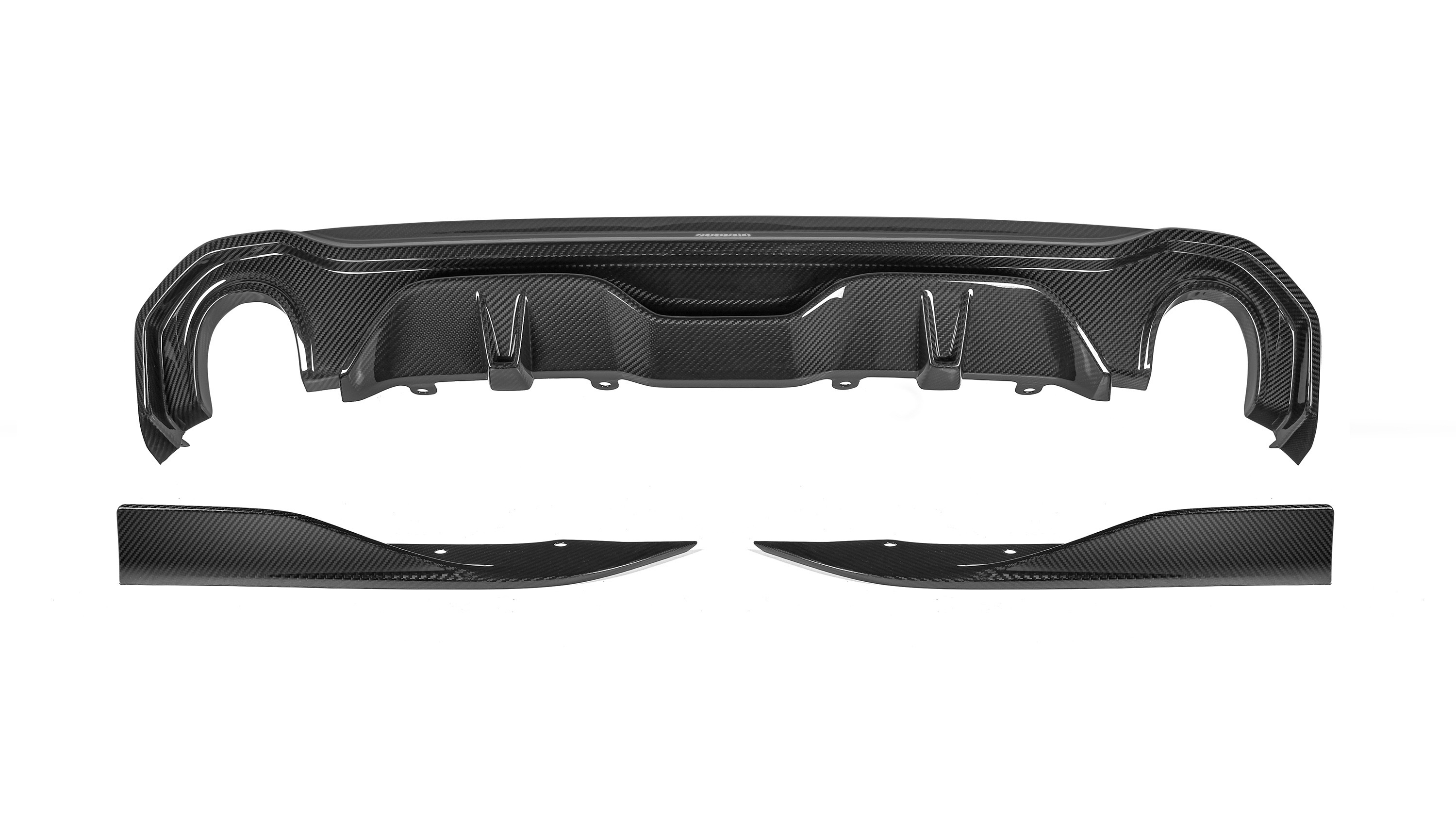 Carbon fiber car diffuser set, featuring three separate sleek, contoured pieces, lies against a plain white background, emphasizing its polished surface and aerodynamic design.