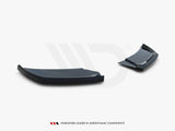 Dark aerodynamic car components are displayed on a white background, showcasing their sleek design. Text reads, 