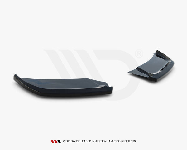Dark aerodynamic car components are displayed on a white background, showcasing their sleek design. Text reads, "WORLDWIDE LEADER IN AERODYNAMIC COMPONENTS" at the bottom.