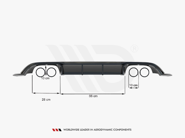A black aerodynamic car component with dual circular exhaust openings per side is measured with arrows (10 cm, 28 cm, 66 cm). Text below reads: "WORLDWIDE LEADER IN AERODYNAMIC COMPONENTS."