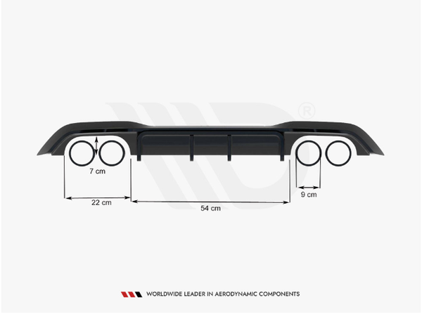 A car bumper diffuser, featuring dual exhaust outlets, is measured with dimensions: 7 cm, 22 cm, 54 cm, and 9 cm. Background text reads, "WORLDWIDE LEADER IN AERODYNAMIC COMPONENTS."