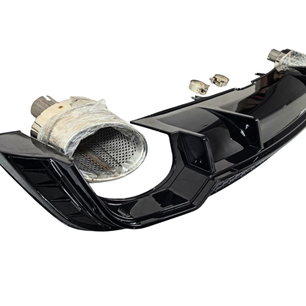 The image shows a glossy black car rear diffuser with exhaust tips wrapped in protective material, set against a plain white background.