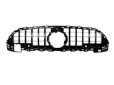 A black car grille features horizontal and vertical bars, with a central circular opening, set against a white background.