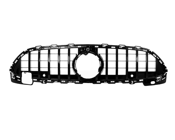 A black car grille features horizontal and vertical bars, with a central circular opening, set against a white background.