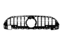 A black car grille features horizontal and vertical bars, with a central circular opening, set against a white background.