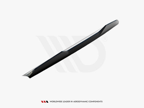 A sleek, angular automobile side skirt displayed on a plain white background. Below, text reads: "WORLDWIDE LEADER IN AERODYNAMIC COMPONENTS."