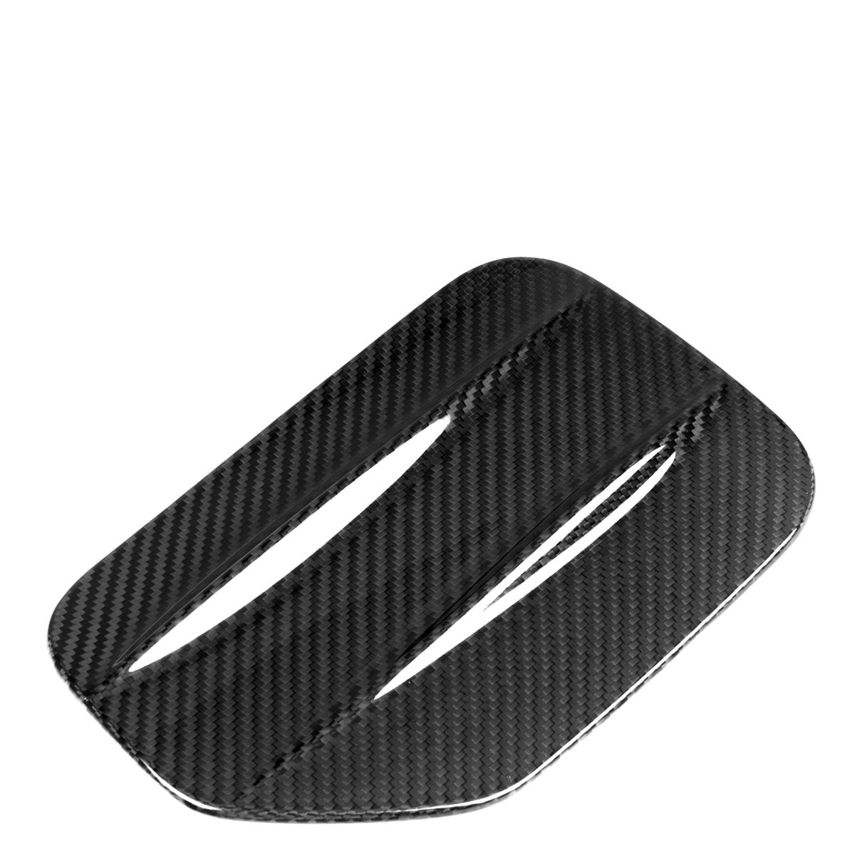 A rectangular, carbon fiber vent cover with two slits is angled diagonally against a plain white background.