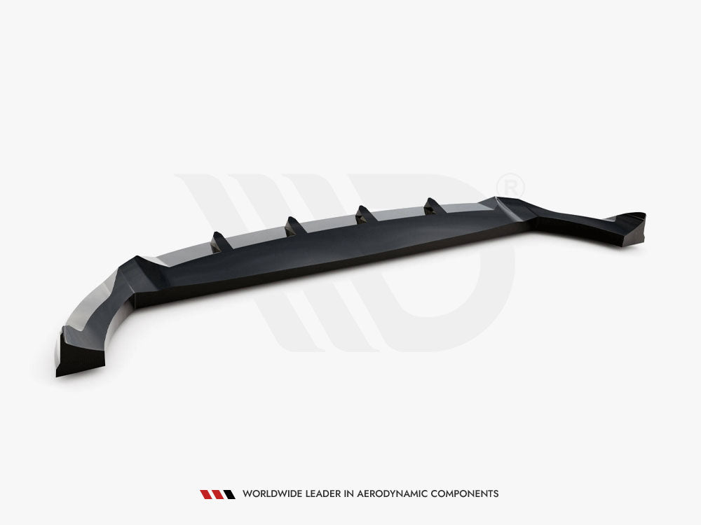 A sleek, black car diffuser with fins is positioned on a plain white background. Text reads: "WORLDWIDE LEADER IN AERODYNAMIC COMPONENTS."